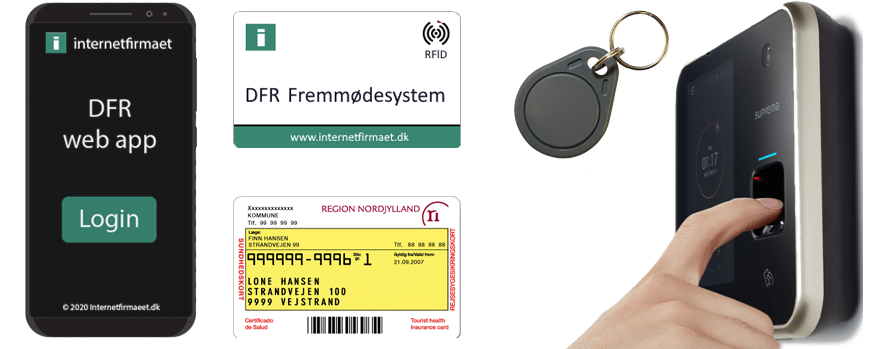 Fremmøde registrerer med sundhedskort eller Web App, RFID kort eller fingeraftrykslæser